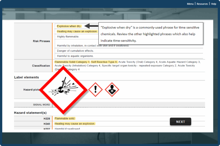Activities reinforce safe practices such as reviewing SDS sheets for more accurate information.