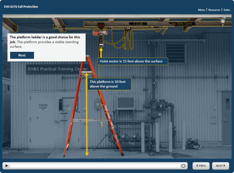 A second scenario shows a situation in which fall protection protocols are employed.