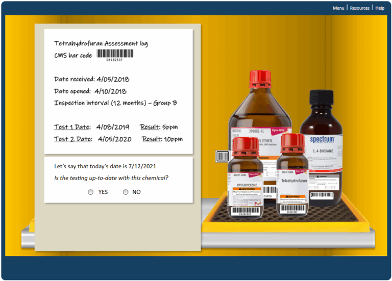 Learners complete simulations where they analyze conditions and make determinations as shown in this activity for determining if peroxide former testing is needed.